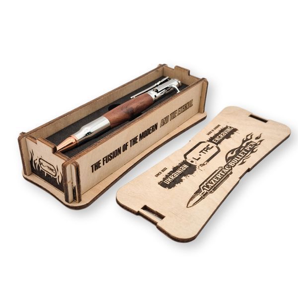 Розкішна металева ручка-патрон LazerTAC Bullet Pen з індивідуальним гравіюванням Кулькова Автоматична Хром/Дерево Чорний стержень (253501) + Фірмове пакування "Армійський ящик" 253501 фото