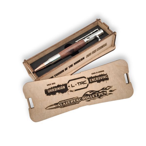 Розкішна металева ручка-патрон LazerTAC Bullet Pen з індивідуальним гравіюванням Кулькова Автоматична Хром/Дерево Чорний стержень (253501) + Фірмове пакування "Армійський ящик" 253501 фото