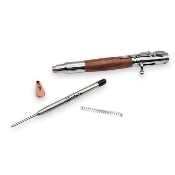 Розкішна металева ручка-патрон LazerTAC Bullet Pen з індивідуальним гравіюванням Кулькова Автоматична Хром/Дерево Чорний стержень (253501) + Фірмове пакування "Армійський ящик" 253501 фото