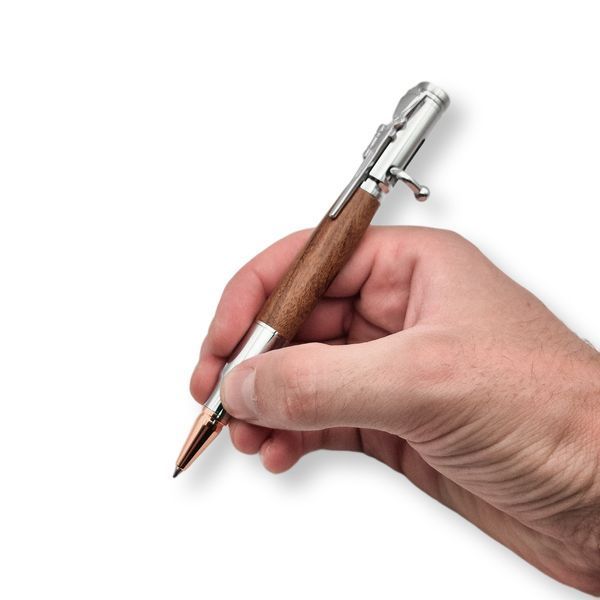 Розкішна металева ручка-патрон LazerTAC Bullet Pen з індивідуальним гравіюванням Кулькова Автоматична Хром/Дерево Чорний стержень (253501) + Фірмове пакування "Армійський ящик" 253501 фото