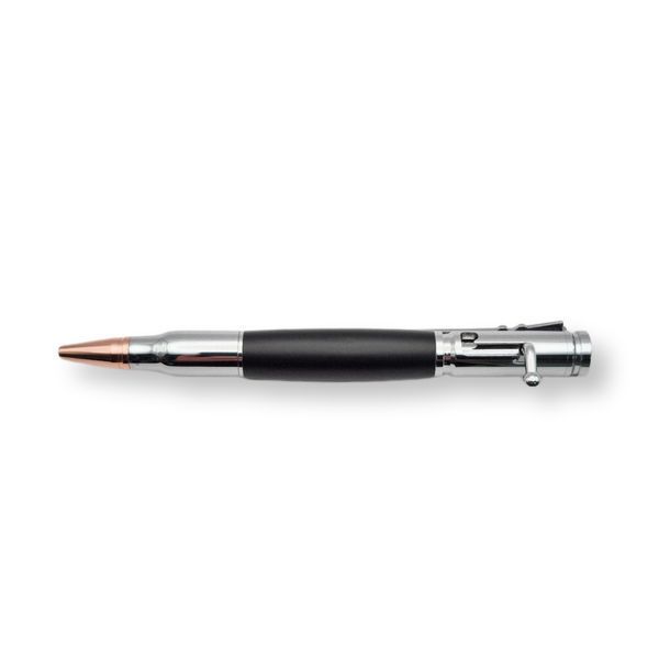 Розкішна металева ручка-патрон LazerTAC Bullet Pen з індивідуальним гравіюванням Кулькова Автоматична Хром/Чорний Чорний стержень (253201) Фірмове пакування "Армійський ящик" 253201 фото