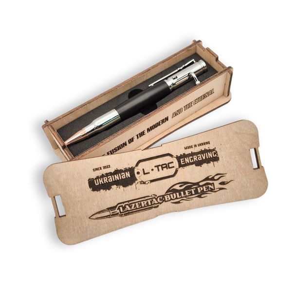 Розкішна металева ручка-патрон LazerTAC Bullet Pen з індивідуальним гравіюванням Кулькова Автоматична Хром/Чорний Чорний стержень (253201) Фірмове пакування "Армійський ящик" 253201 фото
