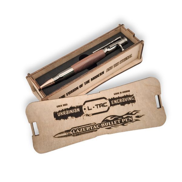 Роскошная металлическая ручка-патрон LazerTAC Bullet Pen с индивидуальной гравировкой Шариковая Автоматическая Графит/Дерево Черный стержень (253601) + Фирменная упаковка &laquo;Армейский ящик&raquo; 253601 фото