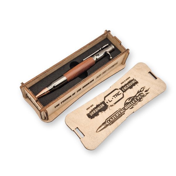 Роскошная металлическая ручка-патрон LazerTAC Bullet Pen с индивидуальной гравировкой Шариковая Автоматическая Графит/Дерево Черный стержень (253601) + Фирменная упаковка &laquo;Армейский ящик&raquo; 253601 фото