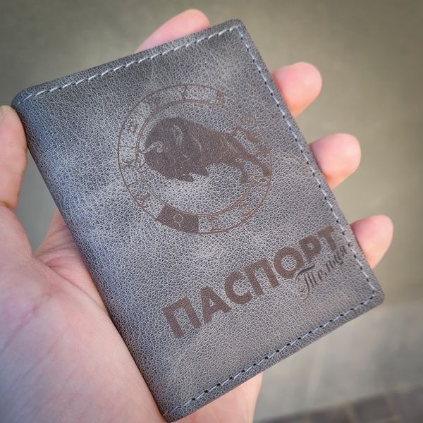 Обкладинка на ID паспорт 162х100мм LazerTAC з гравіюванням знаку зодіаку Телець Сірий РОЗПРОДАЖ (223701) 223701 фото