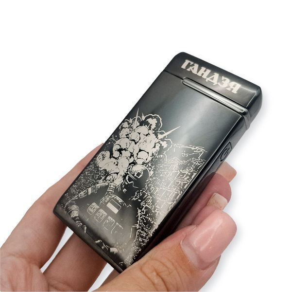 Електрична USB запальничка металева з газом з гравіюванням "Гандзя" TURBO LazerTAC Чорна (214301) 214301 фото