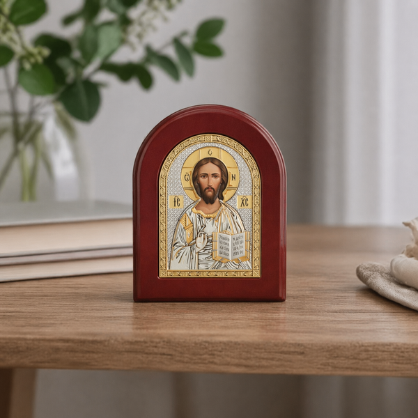 Ікона Ісуса Христа Вседержителя (Пантократора) Срібна на дерев'яній основі 115х95 мм Ювелірна студія SVP арт.163901 (Ar2-01) 163901 фото