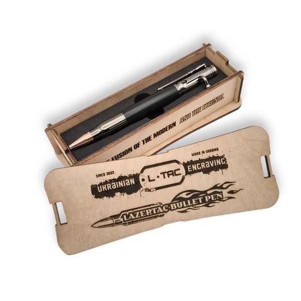 Розкішна металева ручка-патрон LazerTAC Bullet Pen з індивідуальним гравіюванням Кулькова Автоматична Графіт/Чорний Чорний стержень (253301) + Фірмове пакування "Армійський ящик" 253301 фото
