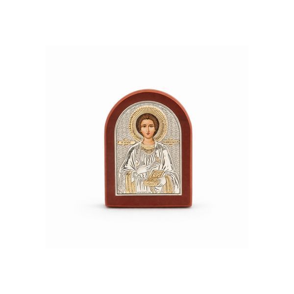Греческая икона Святого Пантелеймона Целителя Серебренная на деревянной основе 70х50 мм Ювелирная студия SVP арт.164401 (б/а) 164401 фото