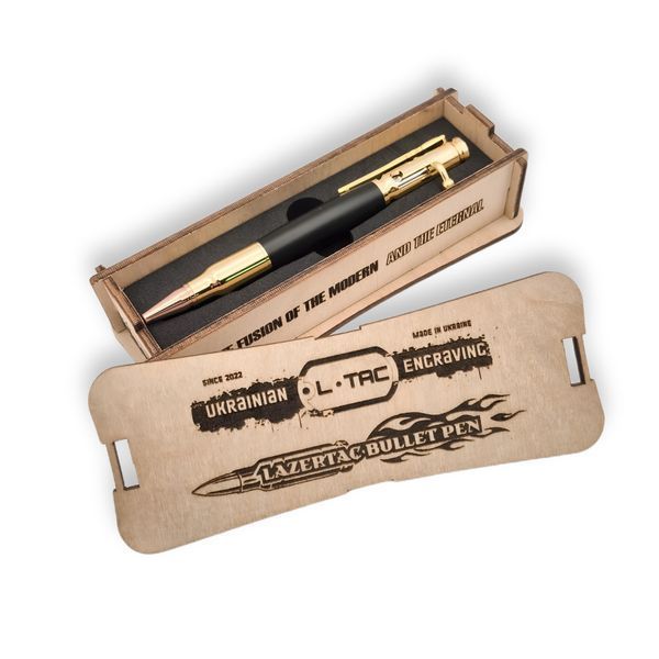 Роскошная металлическая ручка-патрон LazerTAC Bullet Pen с индивидуальной гравировкой Шариковая Автоматическая Золото/Черный Черный стержень (253401) + Фирменная упаковка &laquo;Армейский ящик&raquo; 253401 фото