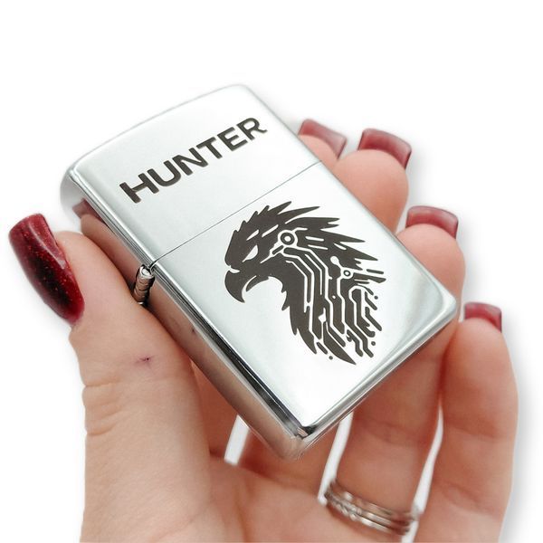 Металлическая бензиновая зажигалка с гравировкой "Hunter" LazerTAC Хром С одной стороны (206101) 206101 фото