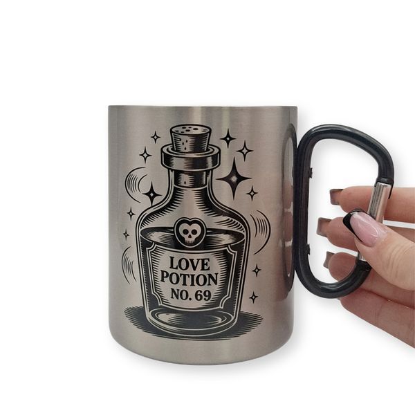Термокружка 400 мл 100х80 мм с карабином и цветной термопечатью Love potion Черный карабин (252901) 252901 фото
