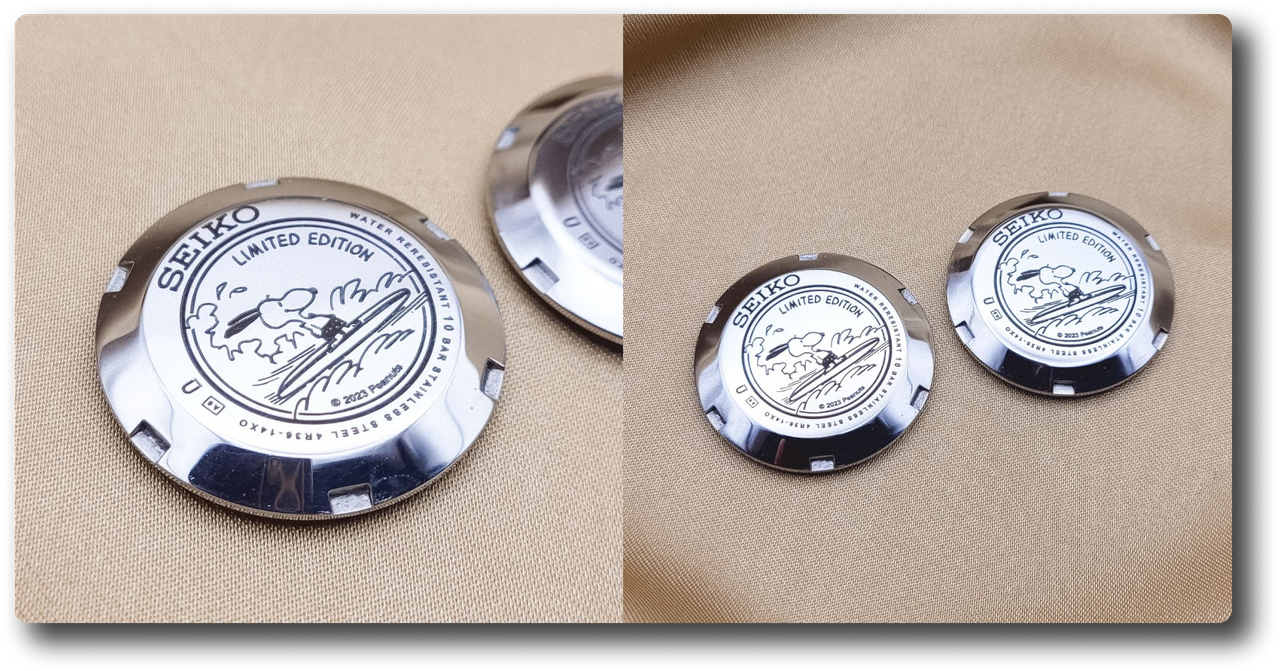 Лазерная гравировка персонажа Снупи на задней крышке часов Seiko